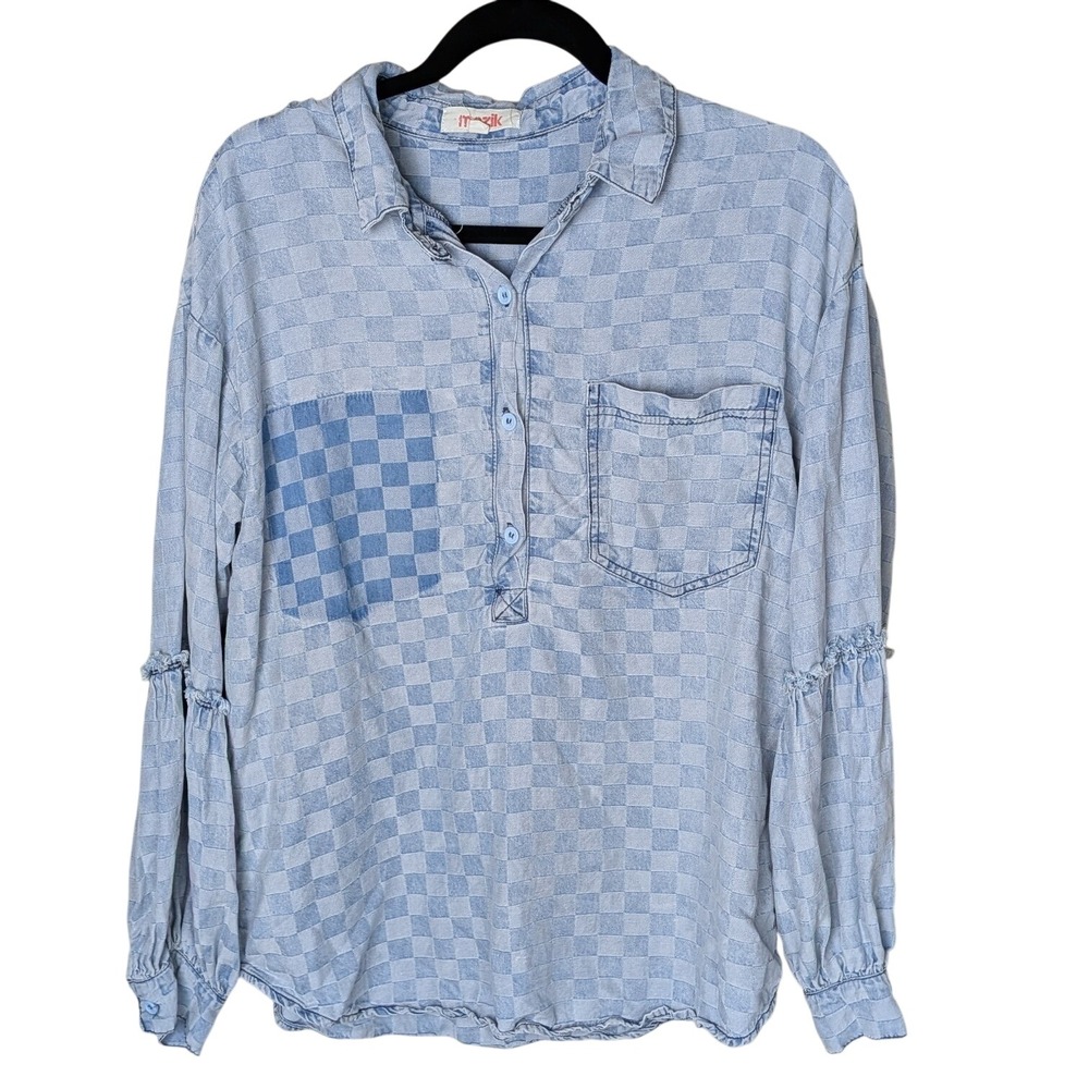 Mazik Checkerboard Chambray Top‎ M Blue Henley Frayed Sleeve Boho Casual Cottage